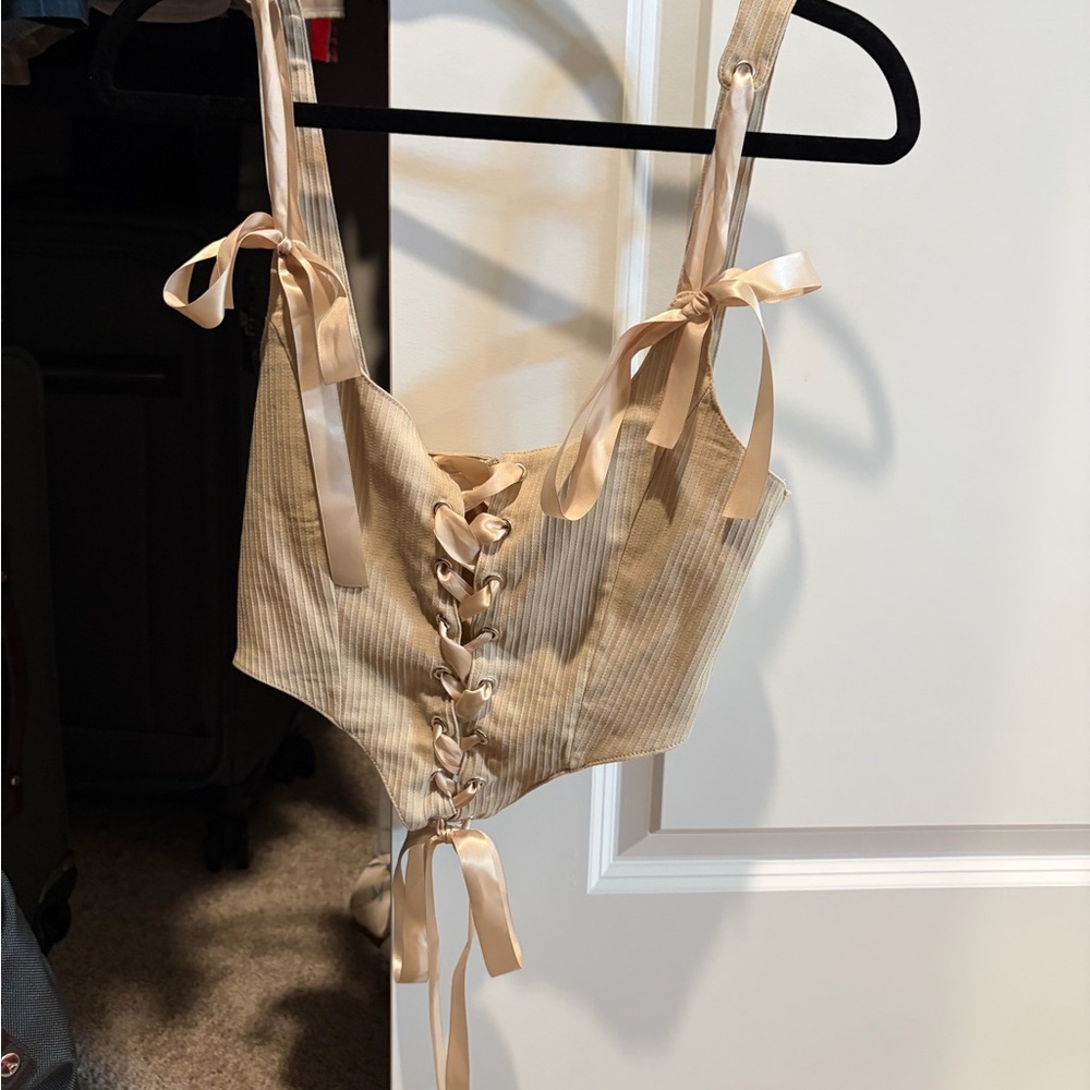 Beige Satin-Trim Lace-Up Corset Top